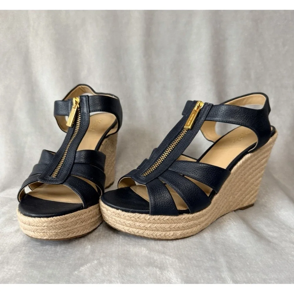 Michael Kors Sandals SZ 8 Platform Espadrilles Heels Blue Leather NEW Canvas - Picture 2 of 9
